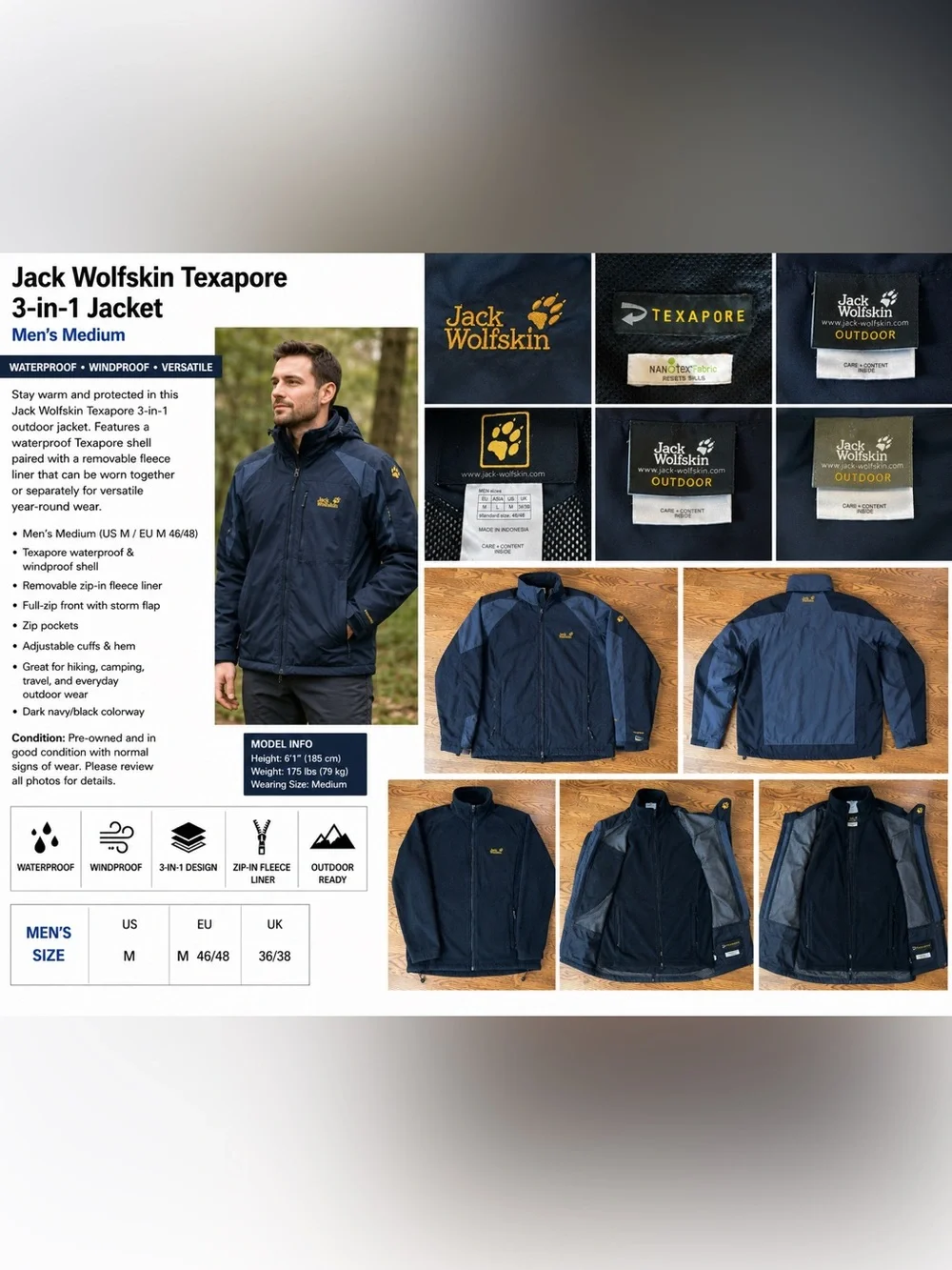 Jack Wolfskin Texapore 3-in-1 Waterproof Jacket Men’s Medium Zip-In Fleece